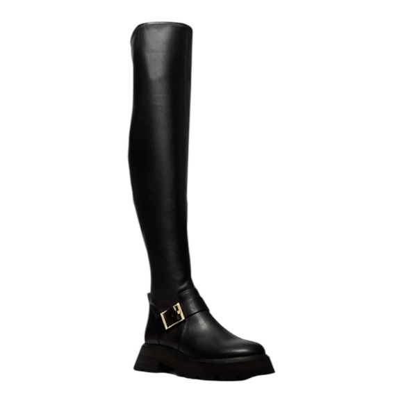 Michael Kors Over The Knee Boots Lug Sole Gold Buckle w/ Zip Women Size 7.5 NWT - Picture 2 of 10